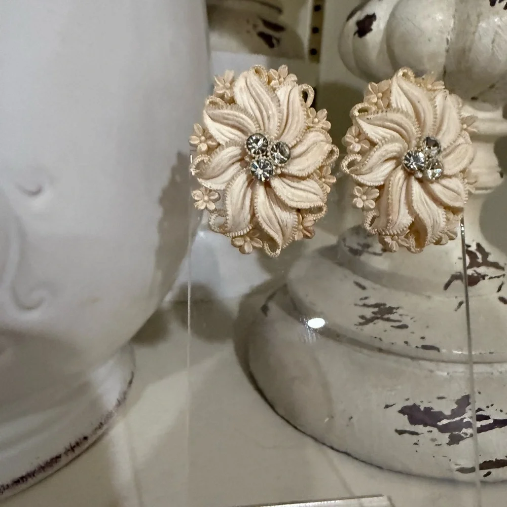 Vintage Celluloid Floral Clip Earrings with Rhinestones